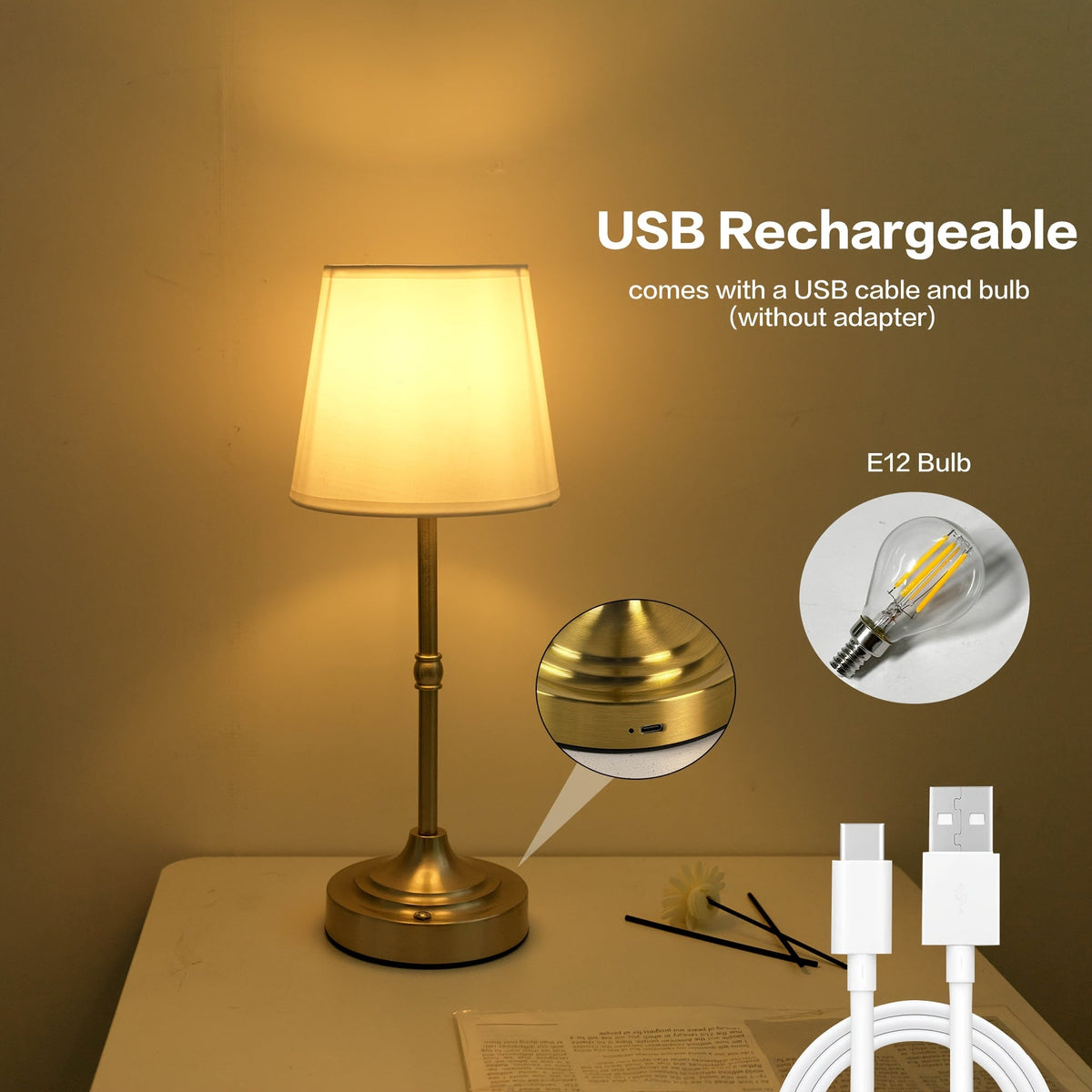 Brushed Gold Fabric Shade Cordless Table Lamp