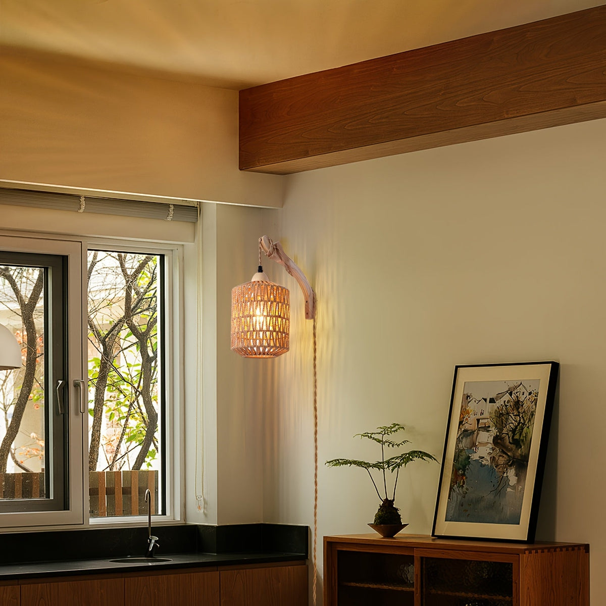 Boho Wood and Rattan Plug-In Wall Lamp