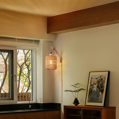 Boho Wood & Rattan Wall Lamp | Hand-Woven Plug-In Light
