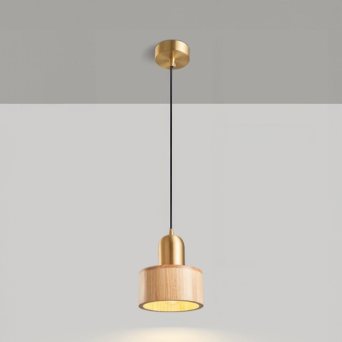 Cylinder Pendant Light | Japanese-Style Walnut & Brass Hanging Lamp