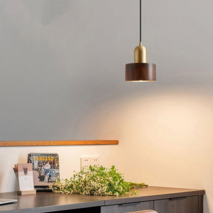 Walnut and Brass Cylinder Pendant Light