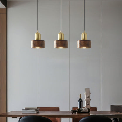 Walnut and Brass Cylinder Pendant Light