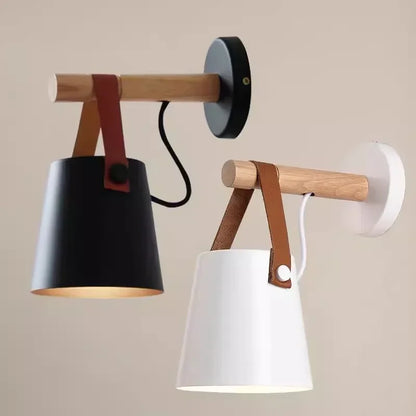 Nordic Wood & Leather Wall Lamp | Hanging Bedside Light