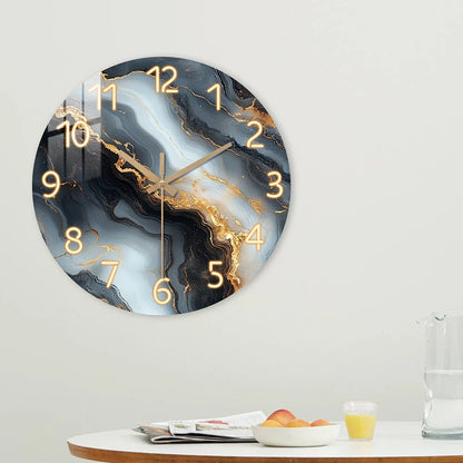 Blue & Gold Marble Wall Clock | Silent Wooden Design