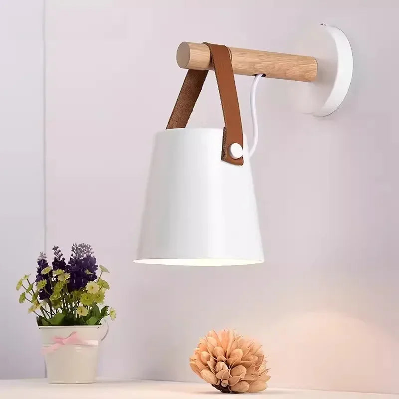 Nordic Wood & Leather Wall Lamp | Hanging Bedside Light
