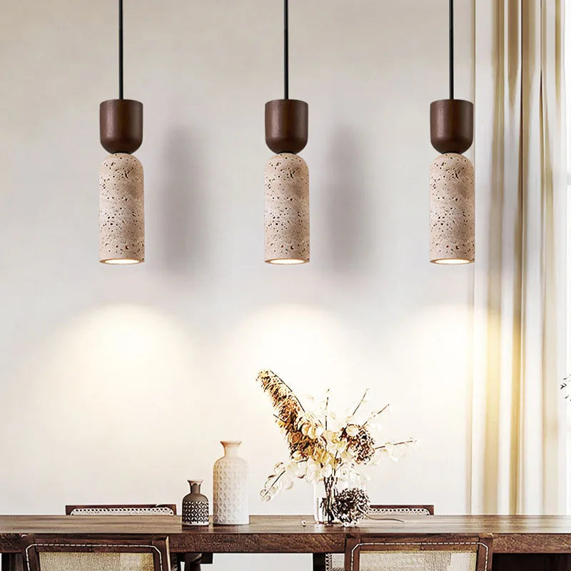 Wabi-Sabi Travertine & Wood Pendant Light | Japanese Minimalist Bedside Lighting