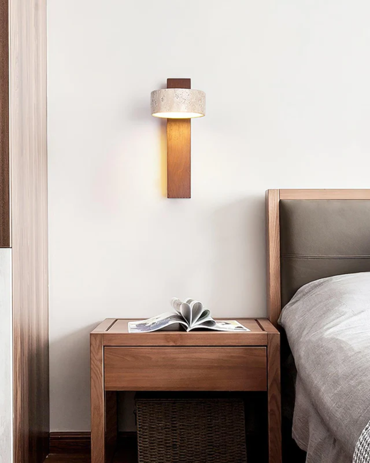 Travertine and Walnut Downlight Wall Sconce