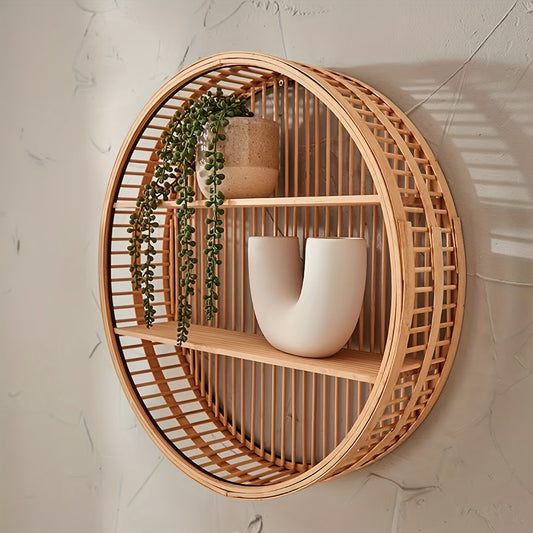 Round Bamboo Two-Tier Wall Shelf