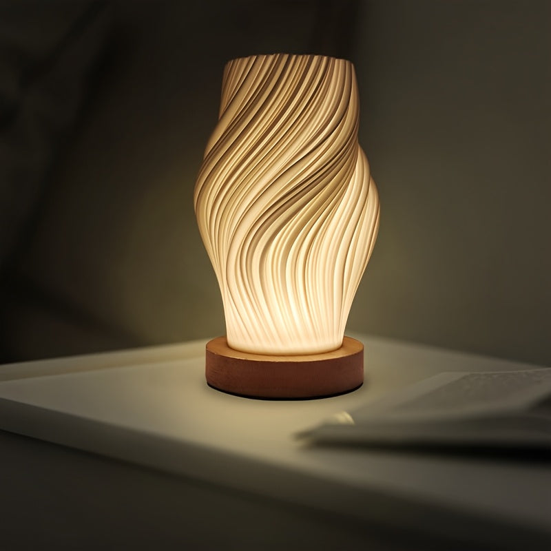 Modern Swirl LED Table Lamp with Wood Base