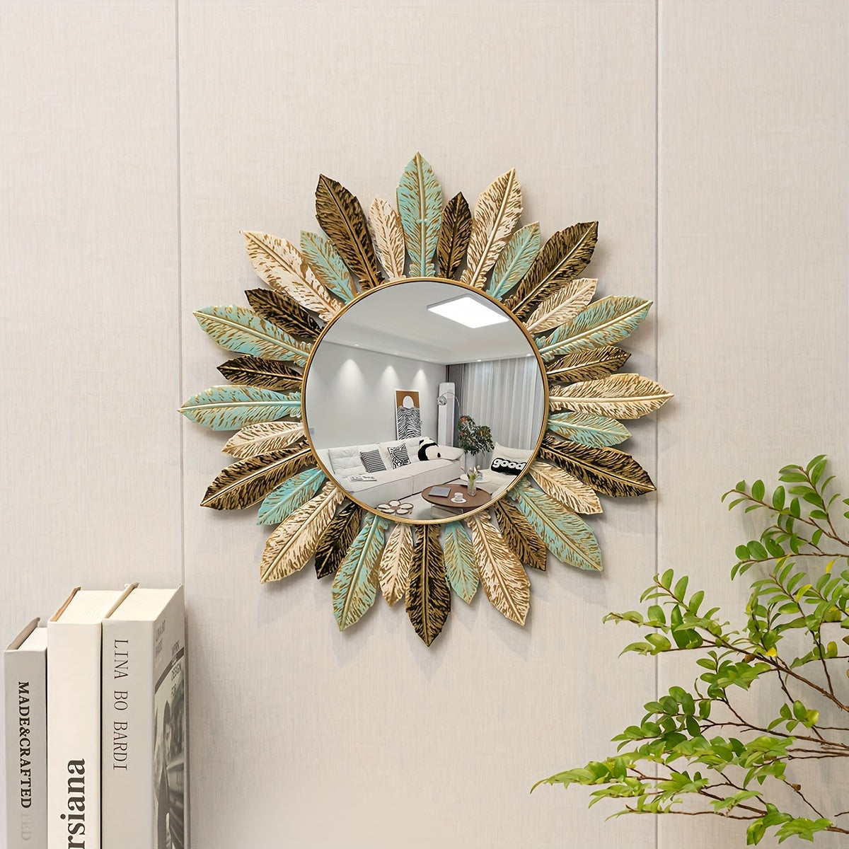 Teal and Gold Leaf Sunburst Wall Mirror