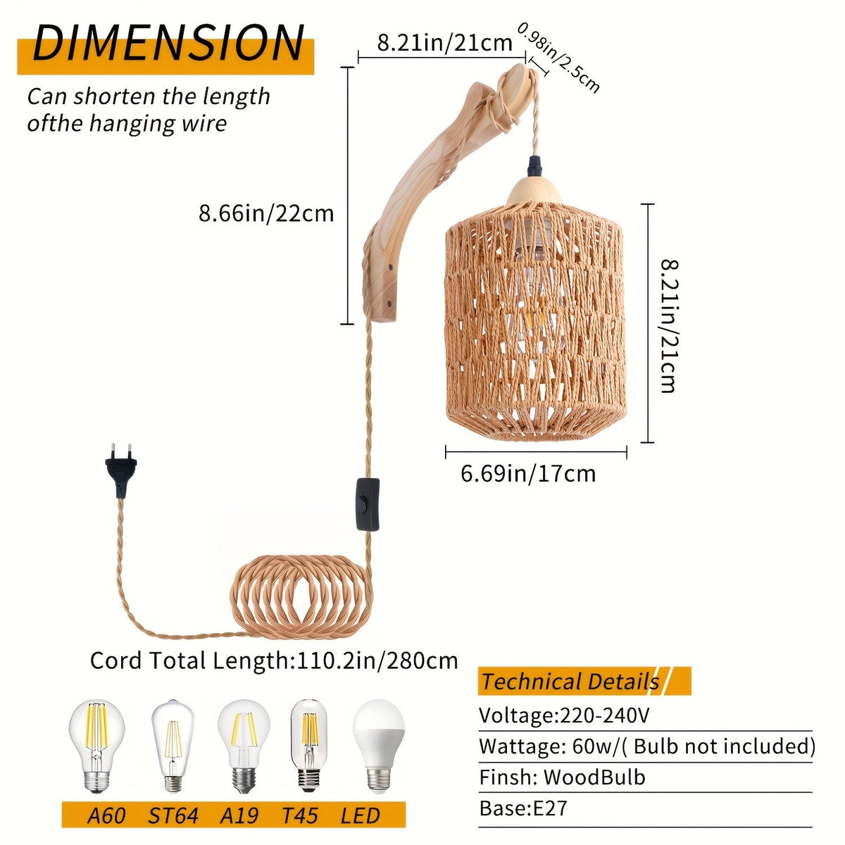 Boho Wood and Rattan Plug-In Wall Lamp