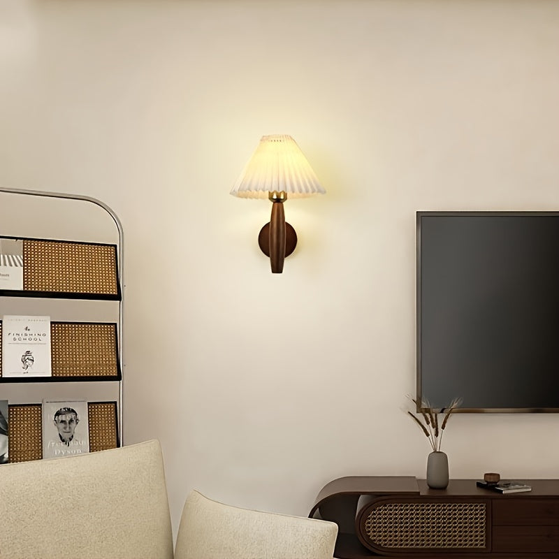 Nordic Wooden Wall Sconce with Pleated Shade