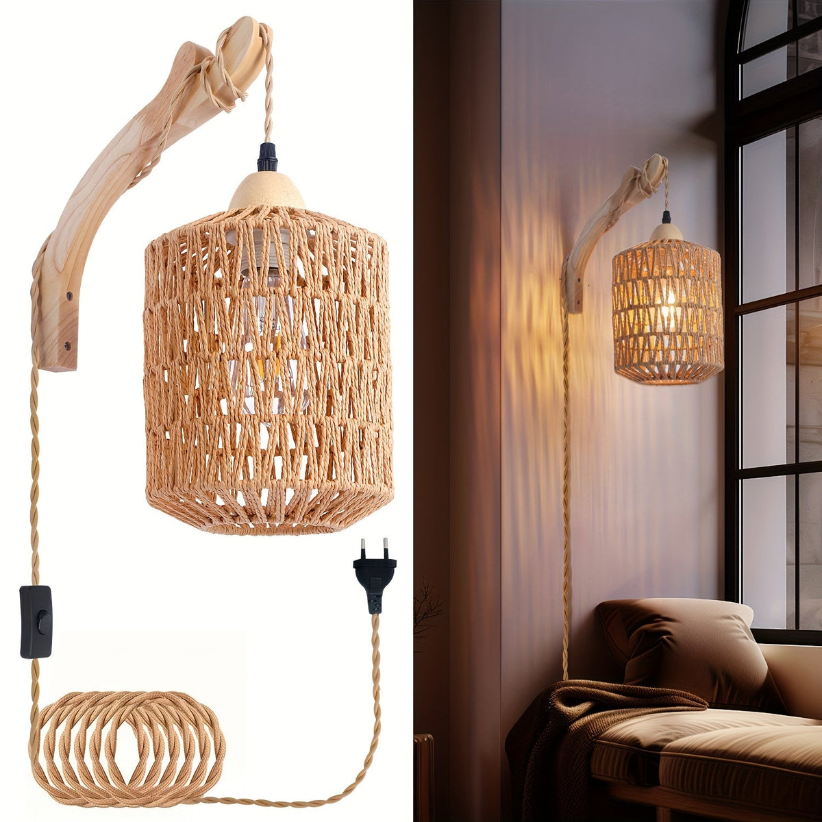Boho Wood and Rattan Plug-In Wall Lamp