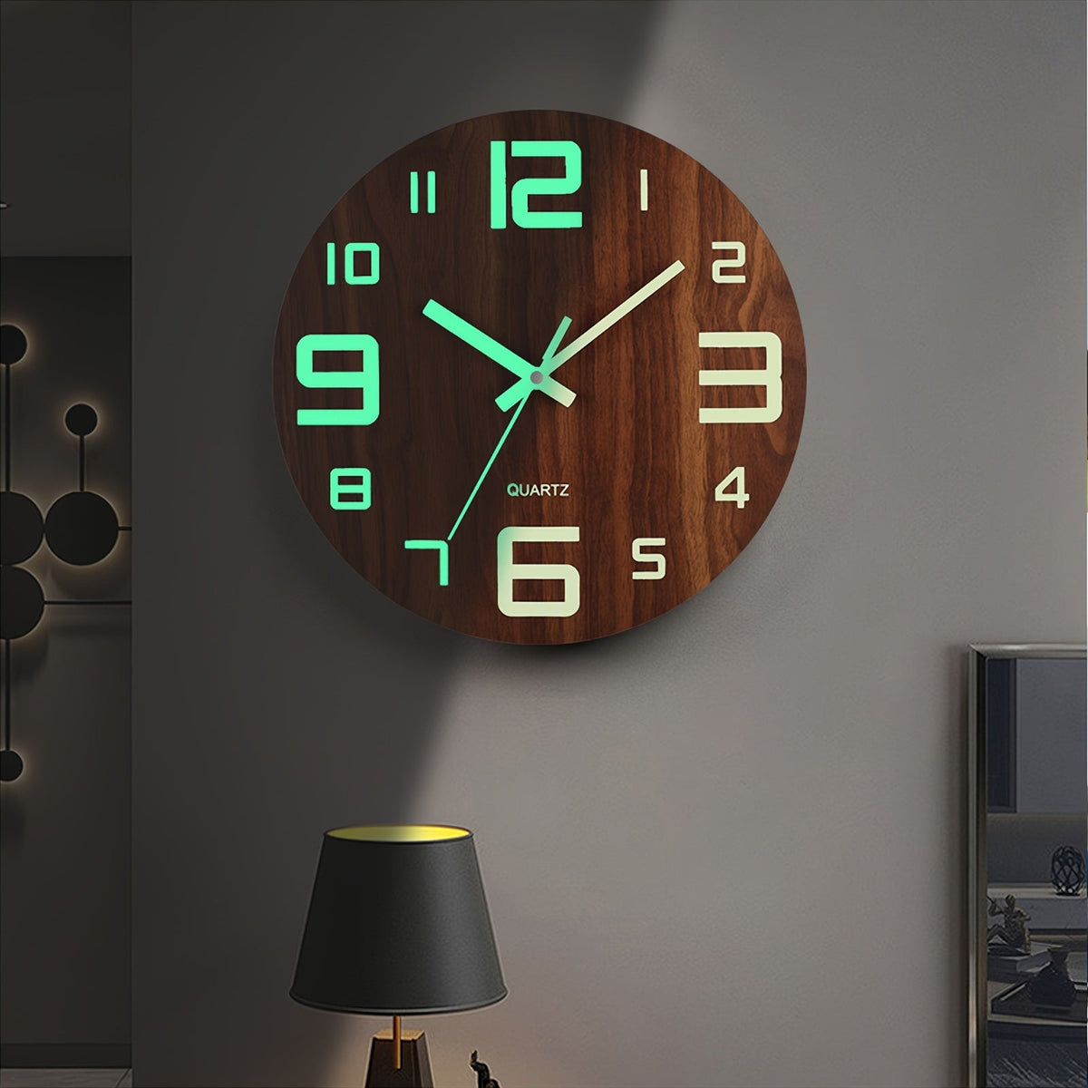 Walnut Luminous Wall Clock | Silent Glow-in-the-Dark Wooden Design
