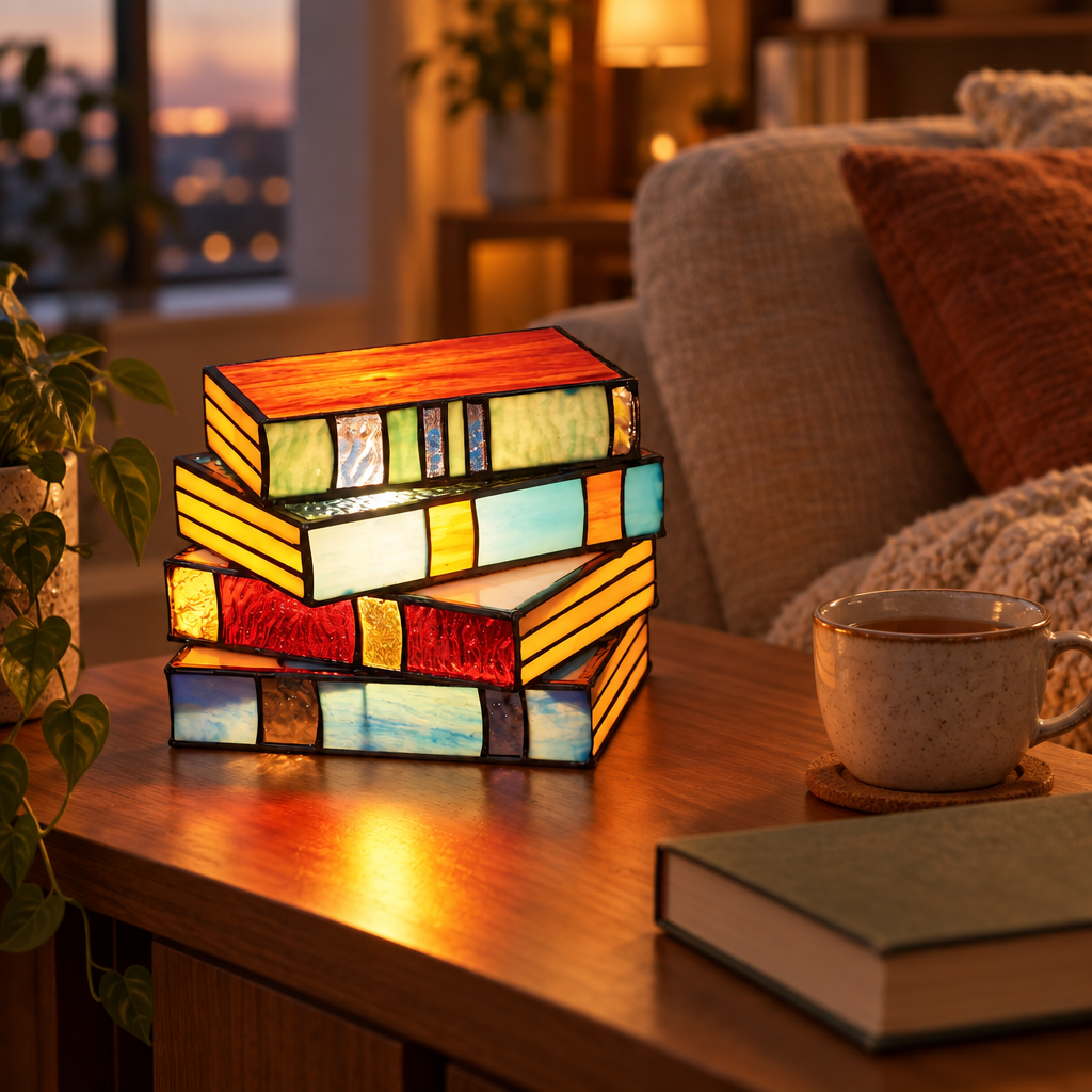Stained Glass Book Lamp glowing on a bedside table in a cozy living room