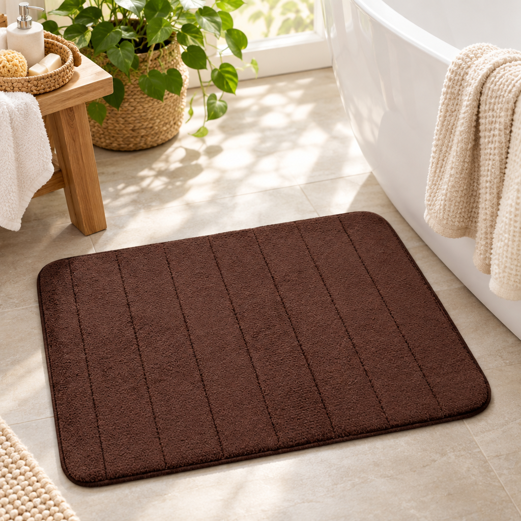 UltraSoft absorbent bath mat beside a bathtub