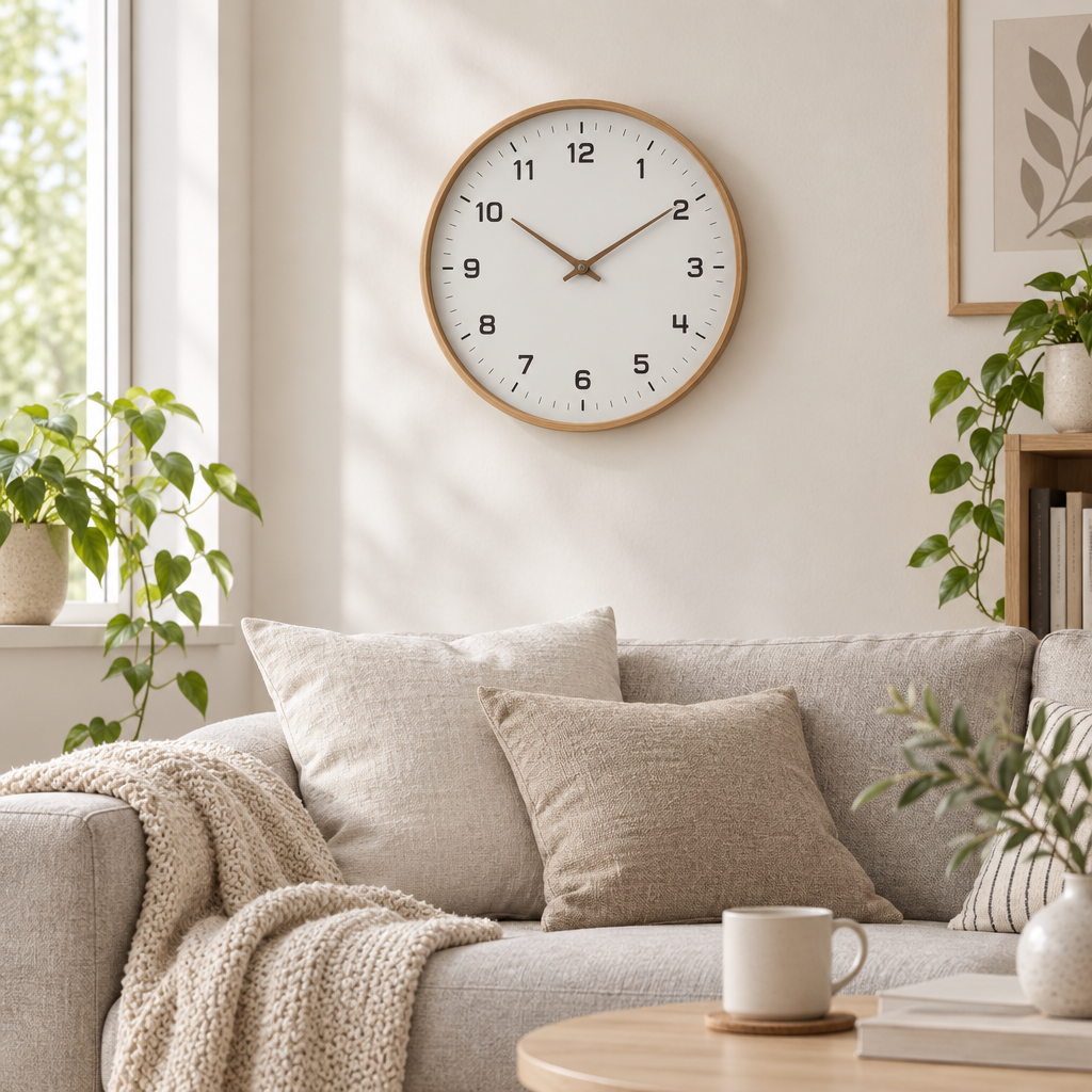 Nordic Wall Clock with minimalist wood frame hanging above a sofa