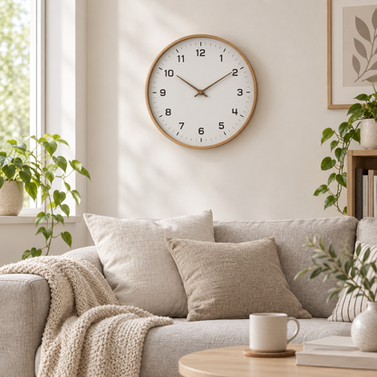 Nordic Wall Clock with minimalist wood frame hanging above a sofa