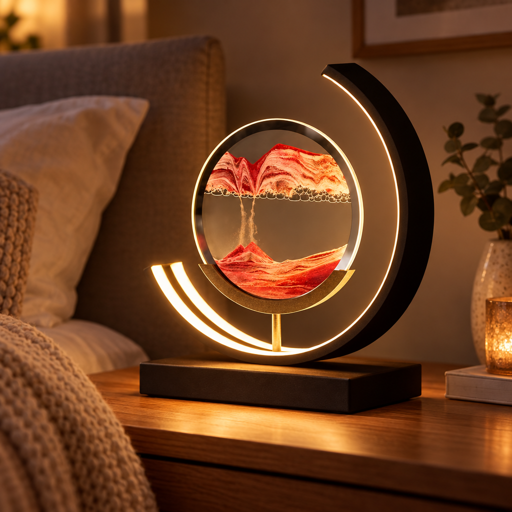 Sandlight quicksand LED table lamp glowing on a bedside table