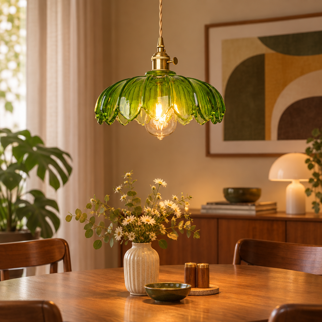Vintage flower glass pendant lamp over a dining table