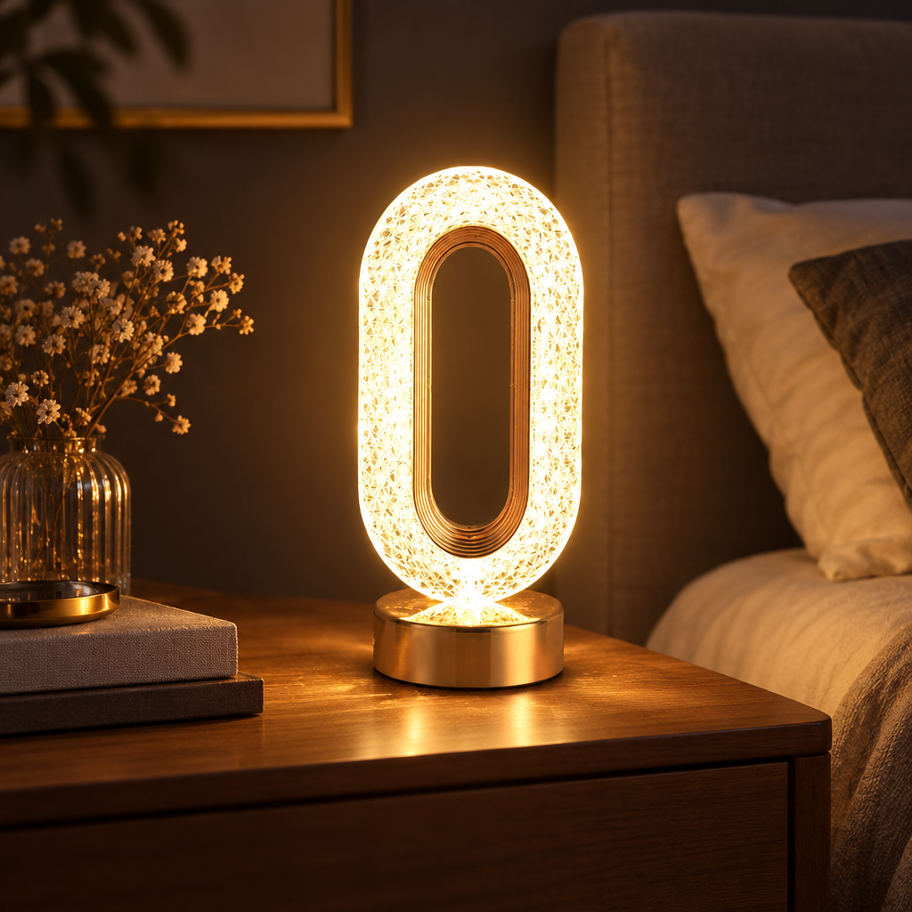 Stellora 3D crystal LED night light glowing in a bedroom