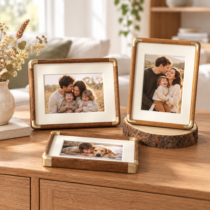 Brooks Tabletop Photo Frame in wood and brass displayed on a sideboard