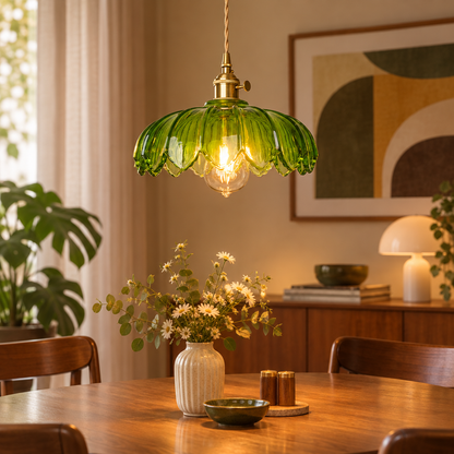 Vintage flower glass pendant lamp over a dining table