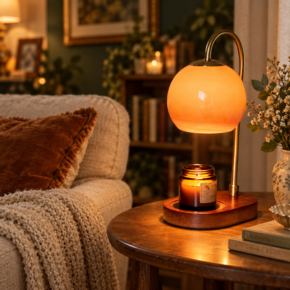Flameless candle warmer lamp with a wax melt on a side table