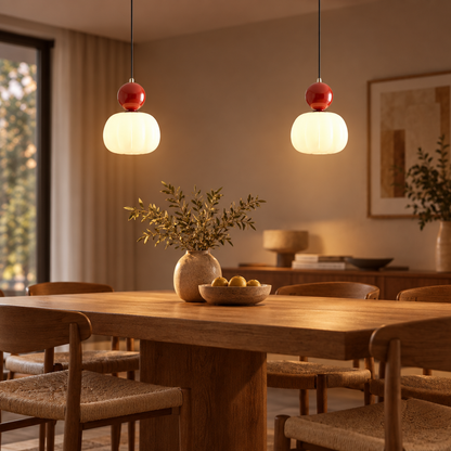 Nordic pumpkin pendant light above a dining table