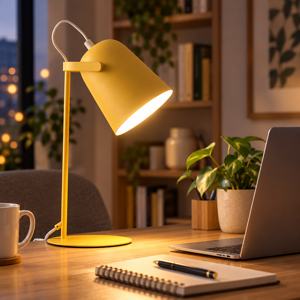 Nordic metal LED desk lamp on a home office desk