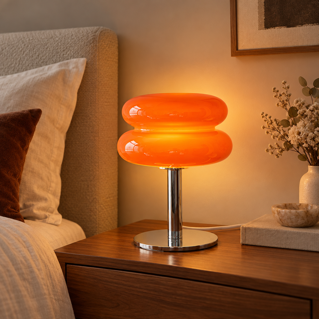 Italian designer glass table lamp on a bedside table