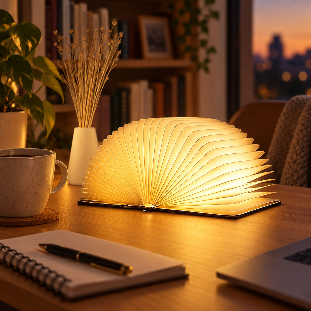 Lumibook foldable rechargeable table lamp glowing on a desk