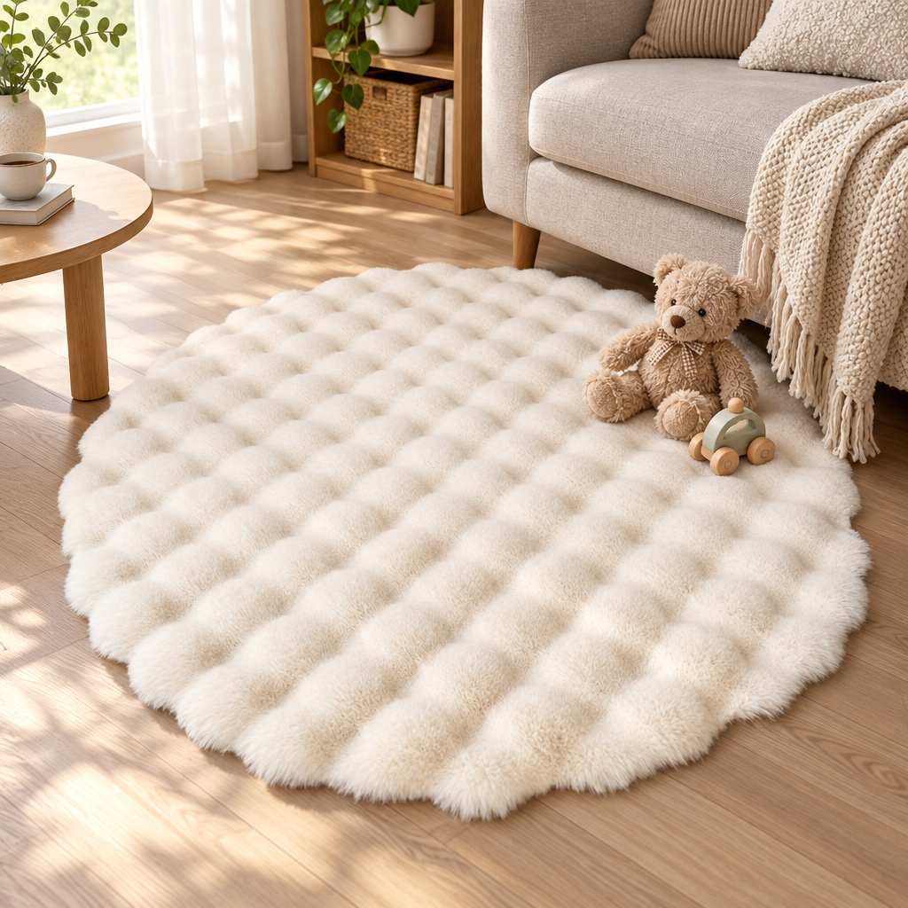 Cloud Comfort round bubble rug in a cozy living room