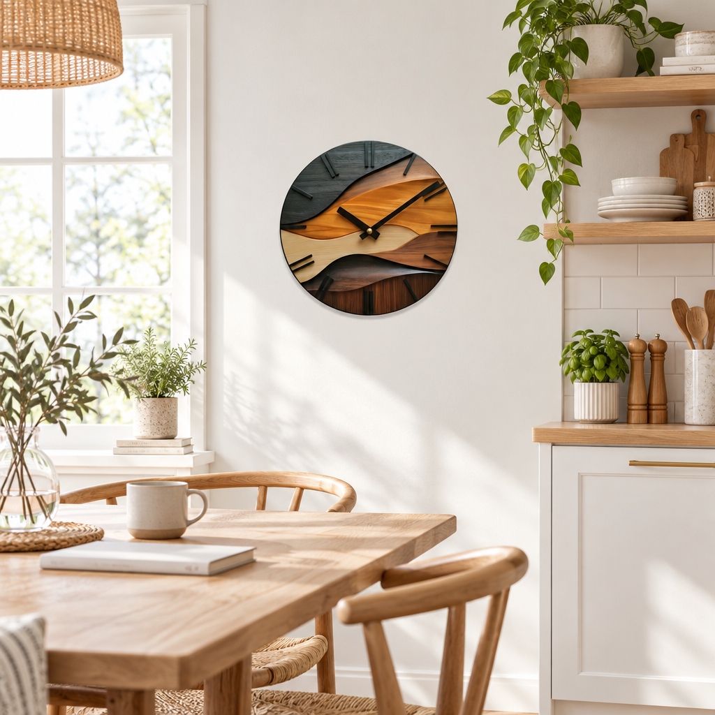 Artistic round wall clock in a Nordic-style room