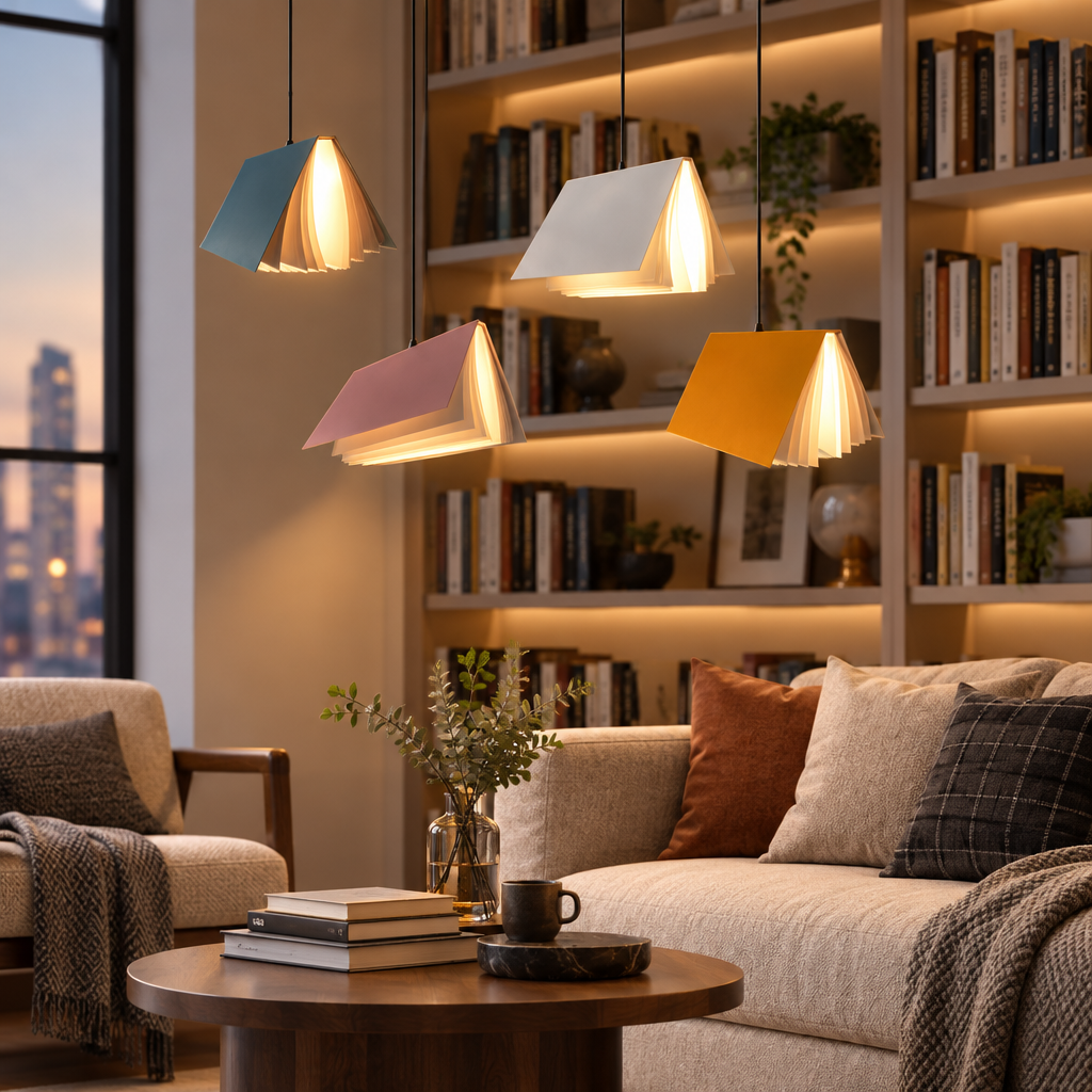 Flying book pendant light in a reading nook
