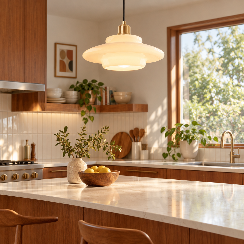 White glass pendant light above a kitchen island