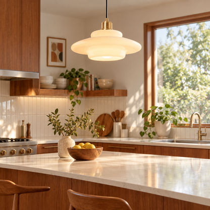 White glass pendant light above a kitchen island