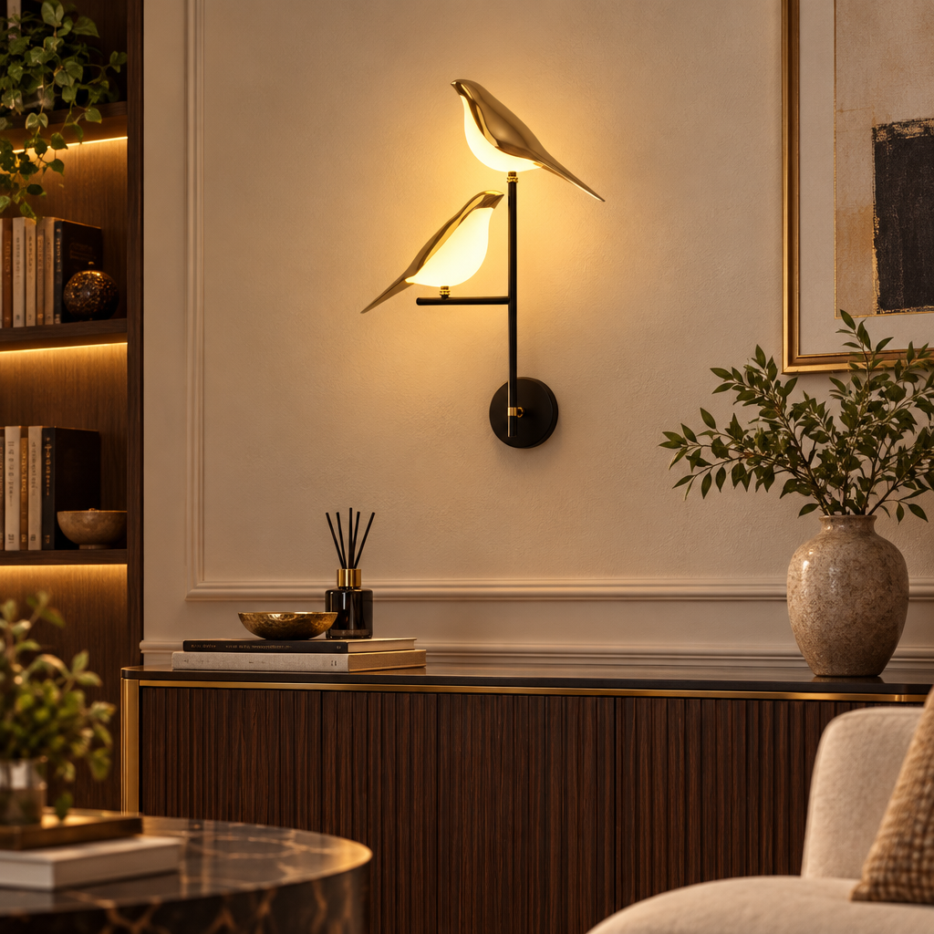 Golden Birdlight wall lamp in an elegant living room