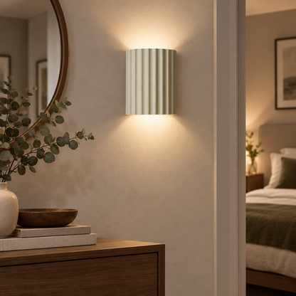 Nordic resin wall lamp glowing in a hallway