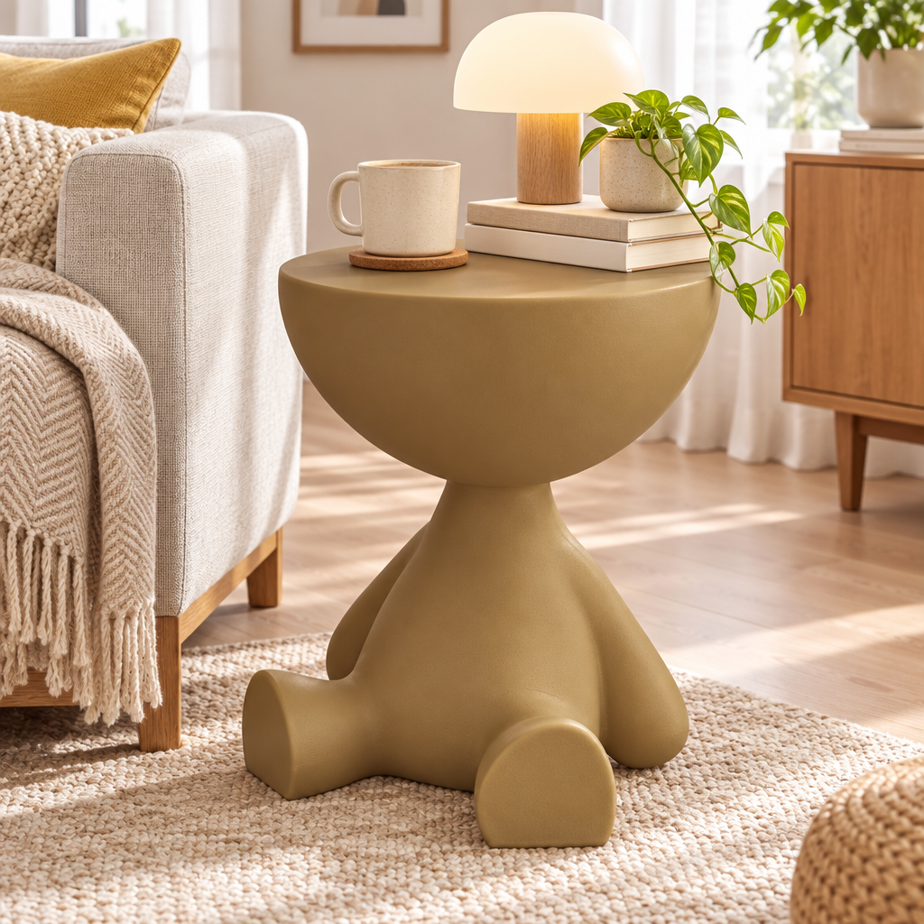 Cartoon bear side table beside a sofa
