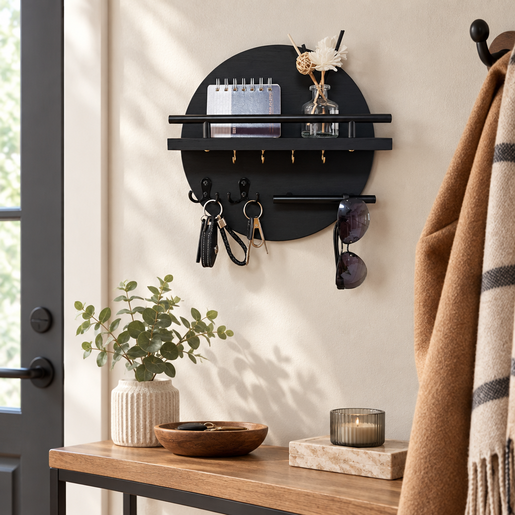 Round wooden key holder mounted in an entryway