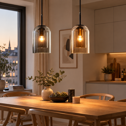 Glass pendant light over a dining table