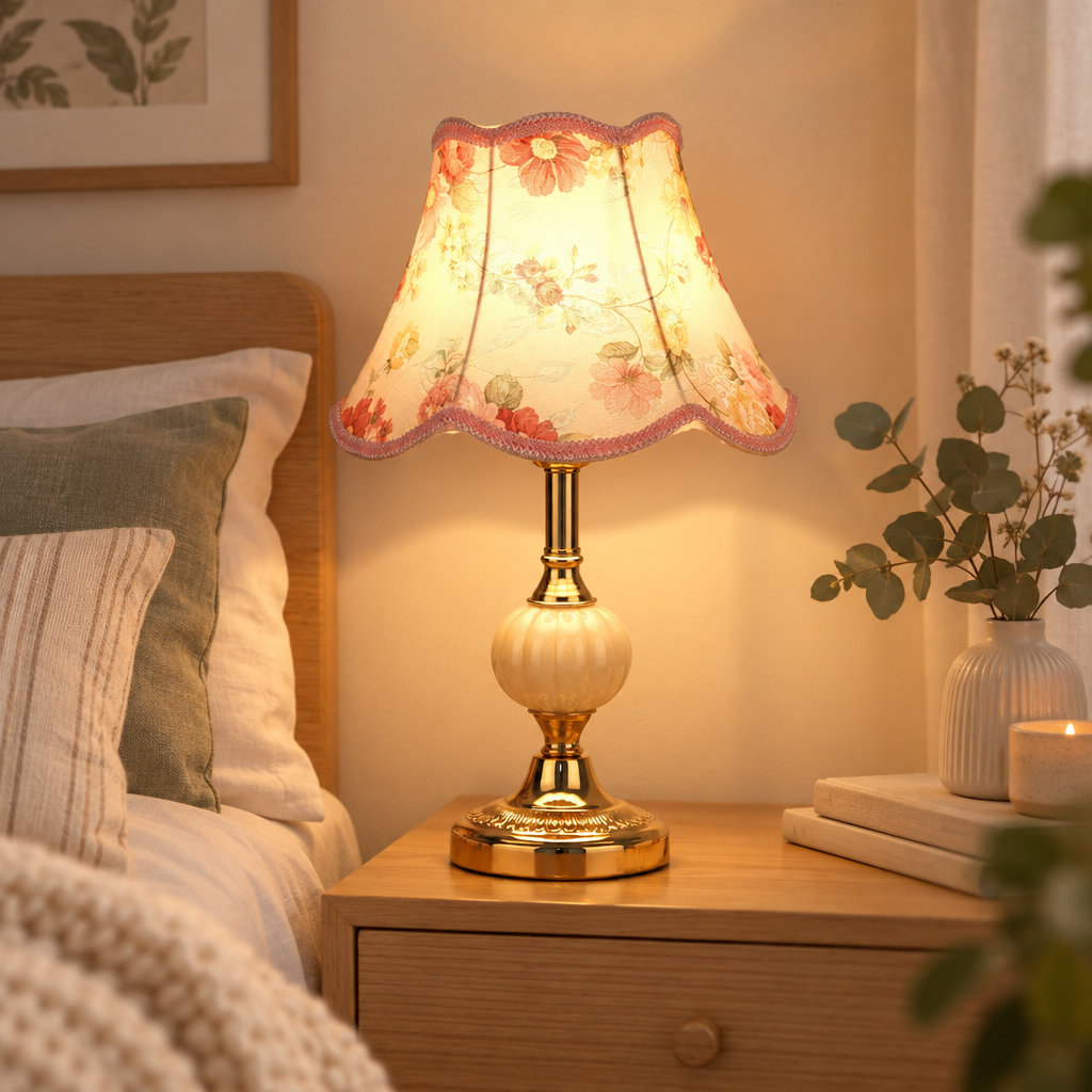 Quixy vintage floral table lamp on a bedside table