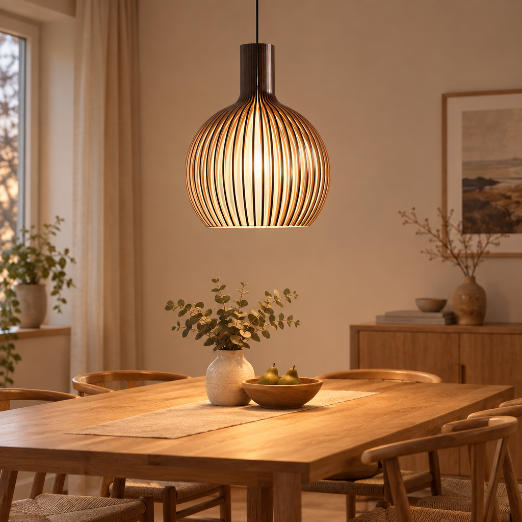 Handcrafted wooden pendant light above a dining table