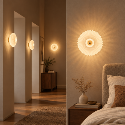 Nordic vintage glass wall sconce glowing in a bedroom