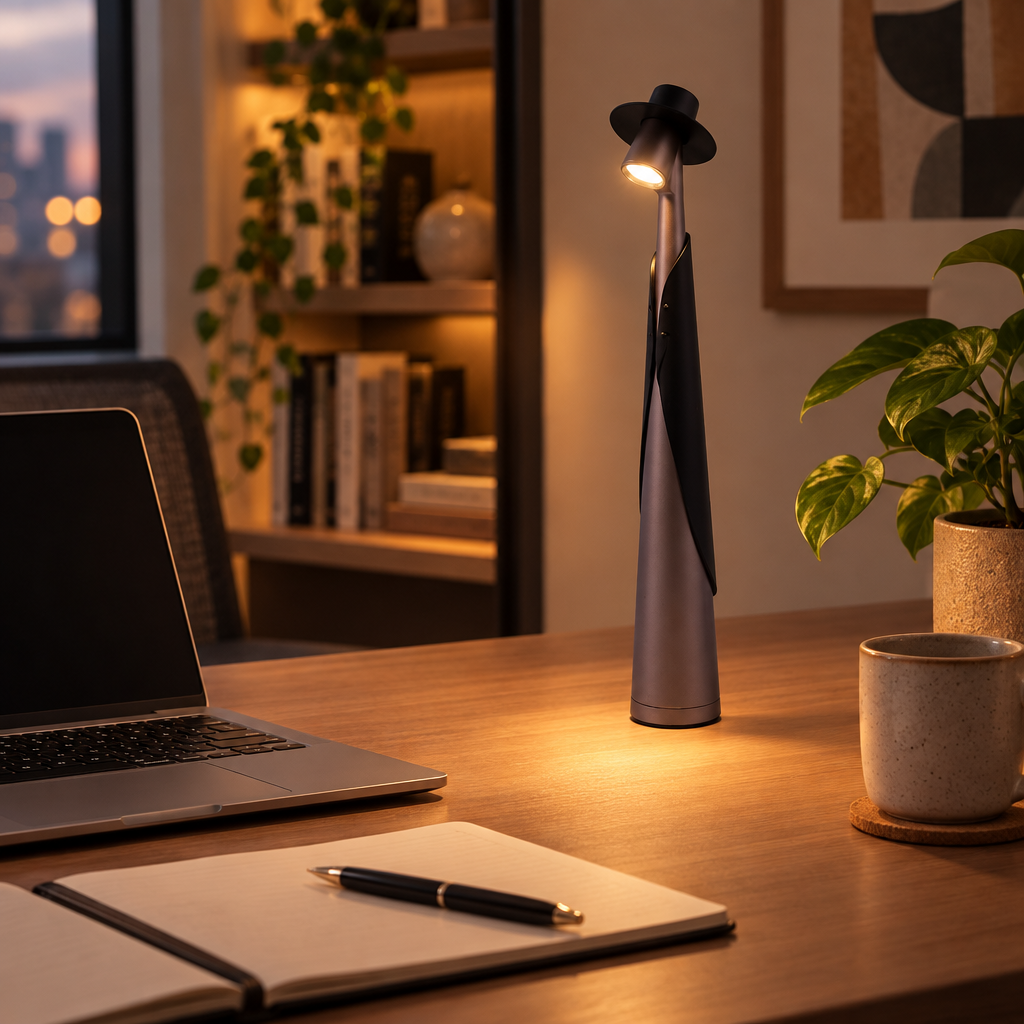Rechargeable LED hat lamp on a home office desk