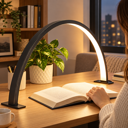 Crescent moon LED desk lamp on a study desk