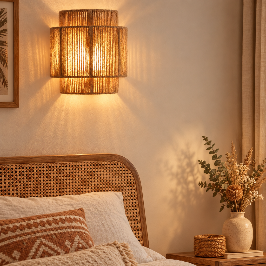 RattanGlow handwoven wall lamp in a boho bedroom