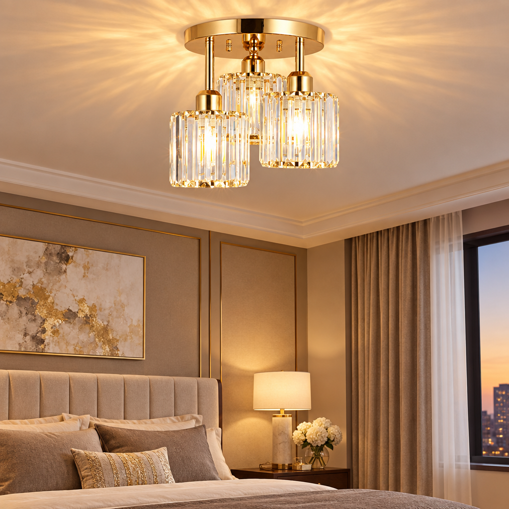 Gold crystal semi flush ceiling light in an elegant bedroom