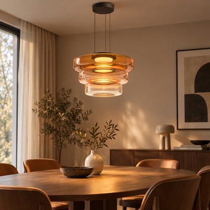 Bauhaus style glass pendant lamp over a dining table